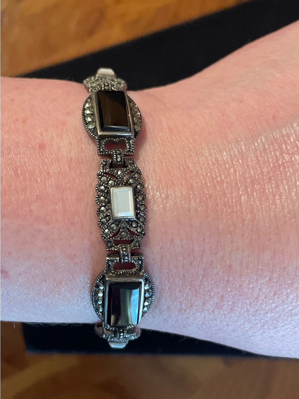 Vintage Onyx Mother Of Pearl Marcasite 925 Sterling Silver Art Deco Bracelet